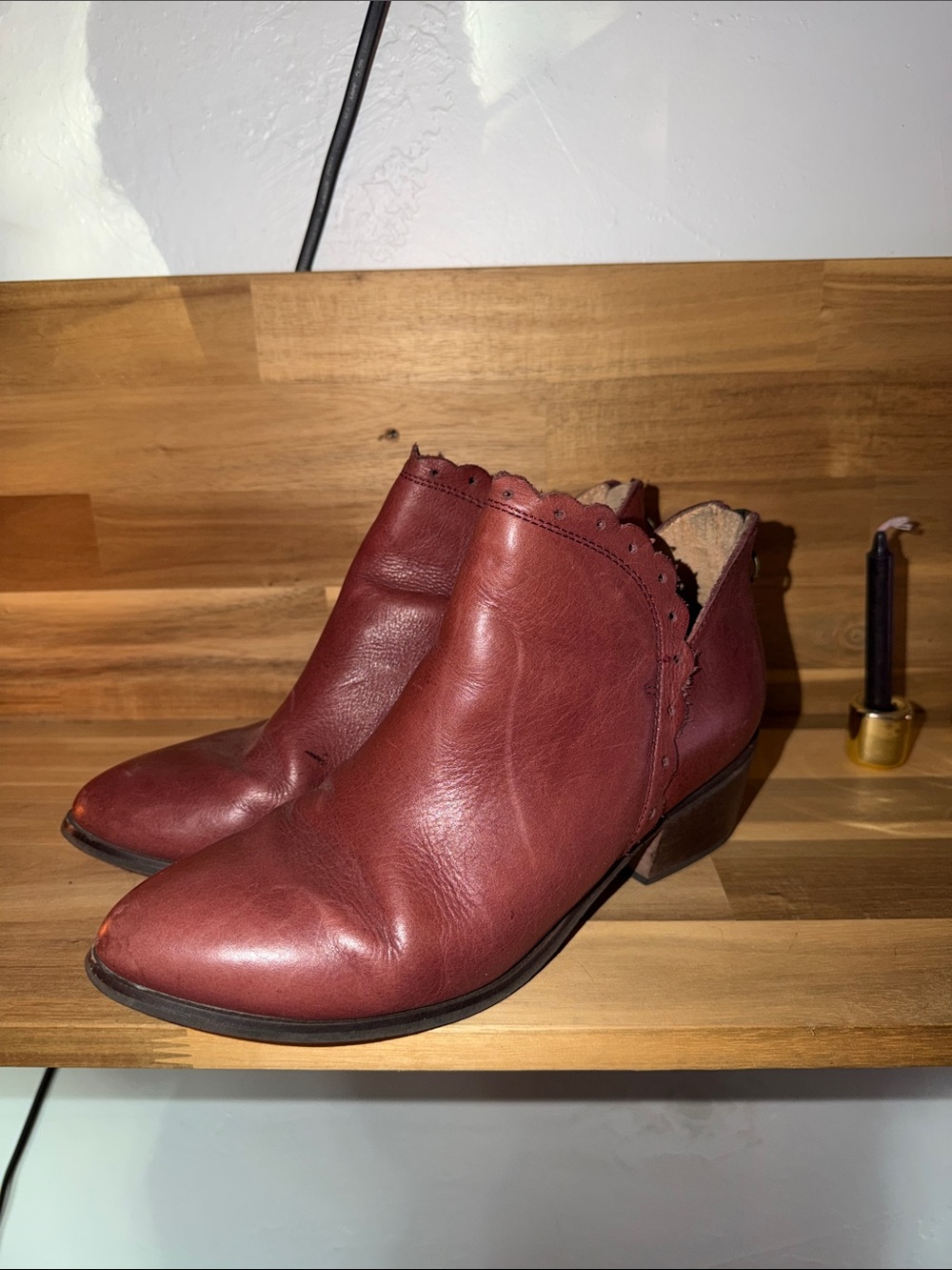Scalloped Edge Burgundy Leather Ankle Booties